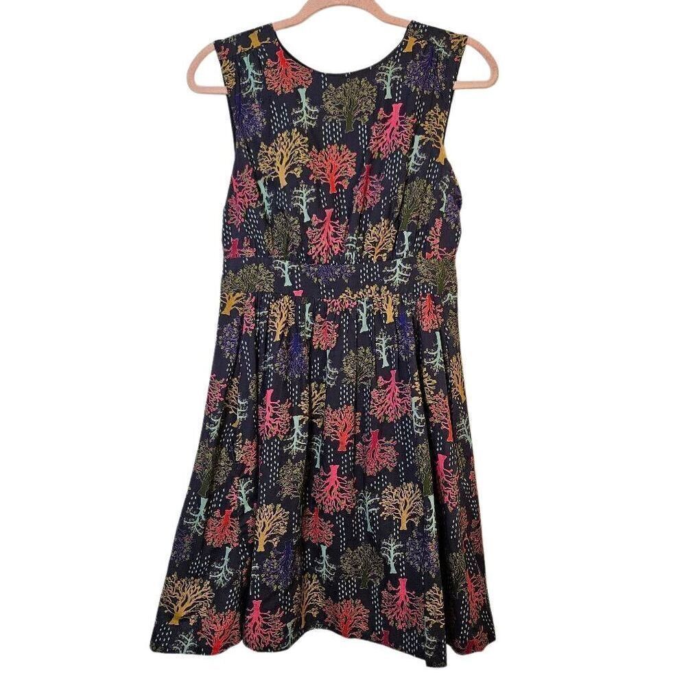 Emily and Fin modest navy blue with colorful tree printed cotton dress. Size S.